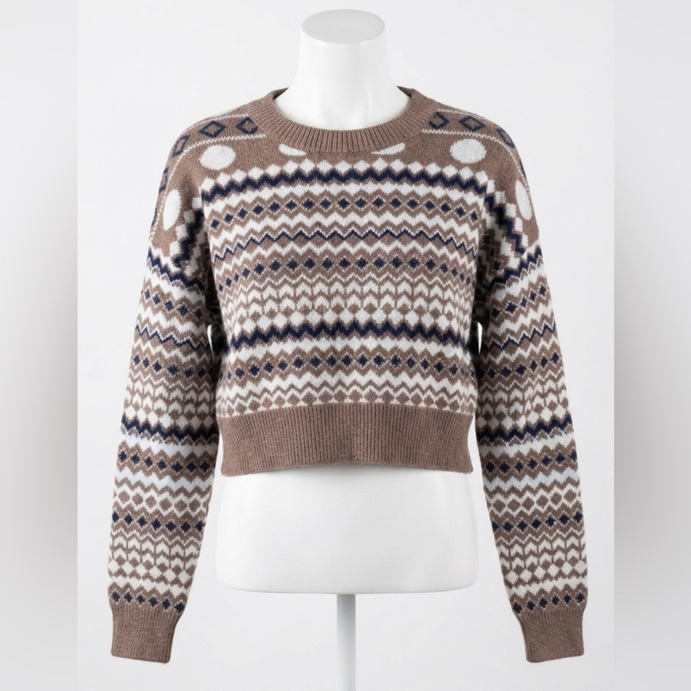 Knit Mix Cabincore Fair Isle Cropped Sweater Brown Geometric Knit Women’s Small